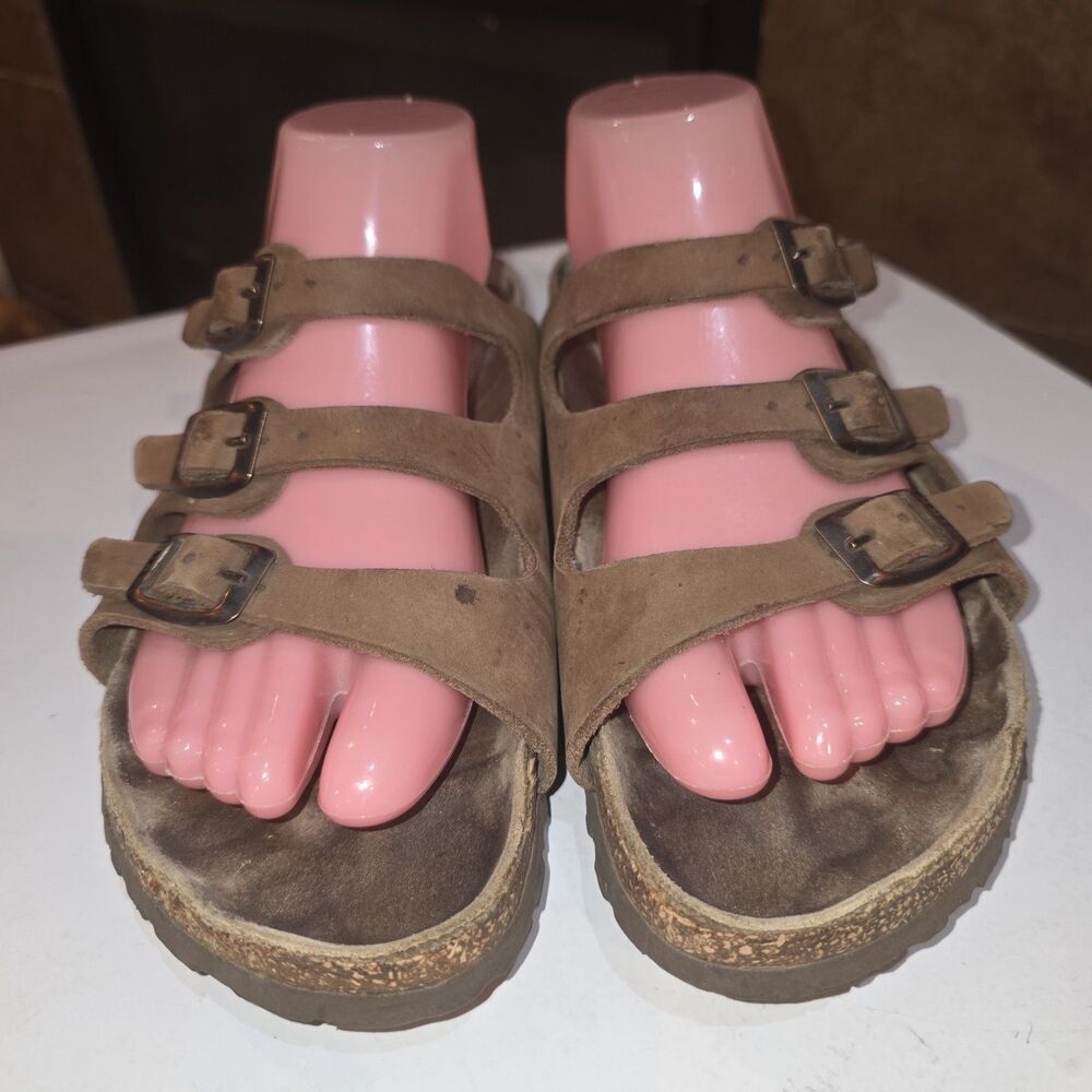 BIRKENSTOCK FLORIDA 9L 7M Brown Distressed Leather Triple Buckle Summer Sandals - Picture 3 of 12